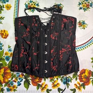 Women’s sz Large Elegant Black & Red Floral Lace-Up Corset Cherry Blossoms